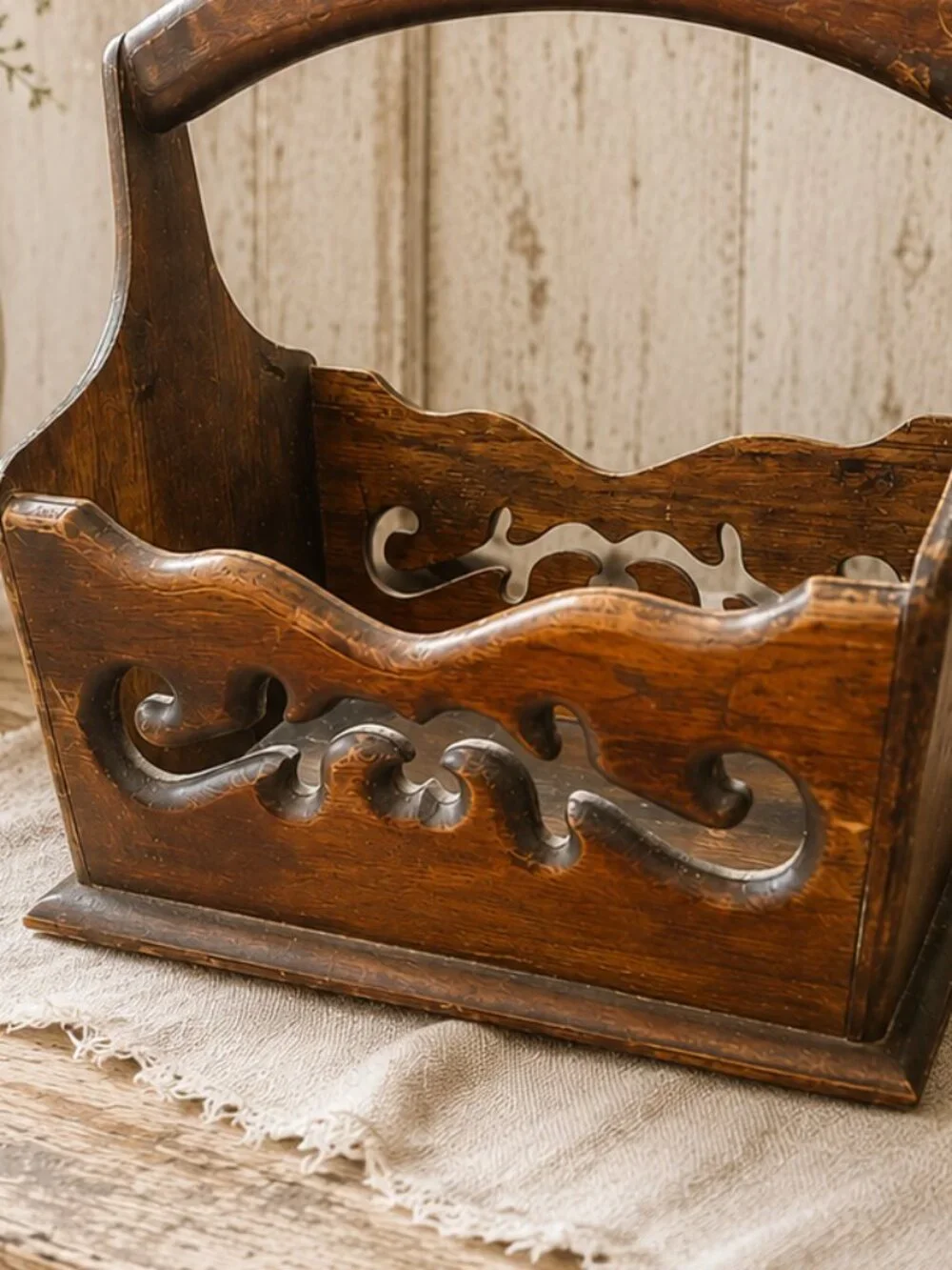 Vintage Primitive Handmade Wooden Basket With Intricate Cut-Out Details